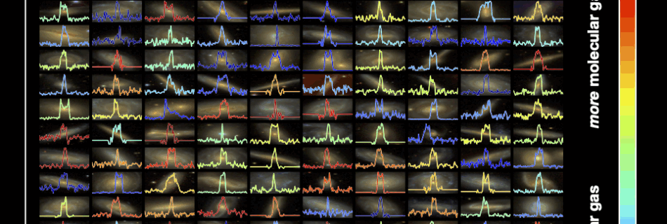 A collection of 200 CO spectra (roughly a third of the full amount included in the database) overplotted on the SDSS images of the galaxies. The panels are ordered by the logarithmic distance from the star formation main sequence (ΔSFMS), and they are colour-encoded considering the amount of molecular gas inferred from the CO detections. The randomness of the colour distribution suggests that an advanced stage of quenching is not necessarily implied by the absence of molecular gas.