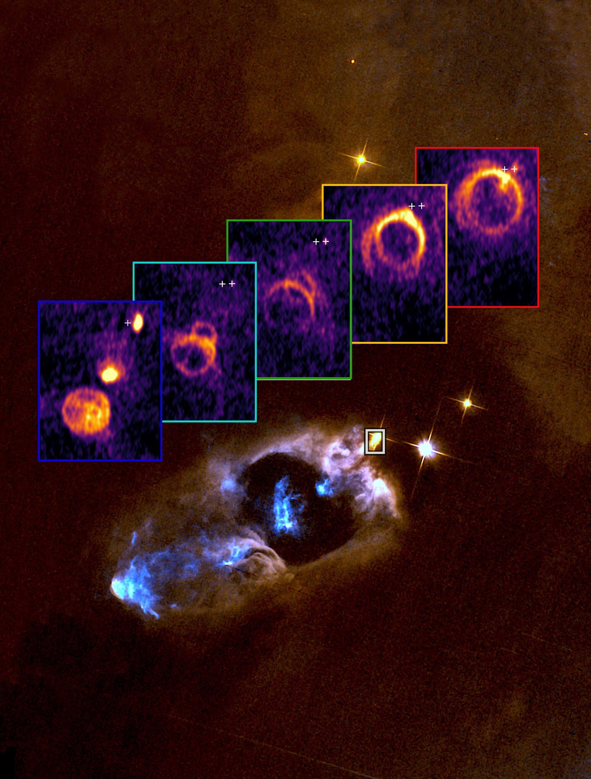 “Tomographic” view obtained by ALMA that reveals how the supersonic protostellar jet from SVS 13 interacts with the surrounding environment. In the background, an image taken by the Hubble Space Telescope (HST) shows the cavity carved out by the jet, together with the bluish glow of the Herbig–Haro objects 7–11, especially striking at optical wavelengths. Credits: Guillermo Blázquez-Calero, Mayra Osorio, Guillem Anglada. Background image credits: ESA/Hubble & NASA, Karl Stapelfeldt.
