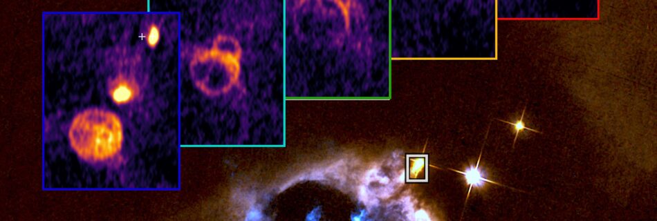 “Tomographic” view obtained by ALMA that reveals how the supersonic protostellar jet from SVS 13 interacts with the surrounding environment. In the background, an image taken by the Hubble Space Telescope (HST) shows the cavity carved out by the jet, together with the bluish glow of the Herbig–Haro objects 7–11, especially striking at optical wavelengths. Credits: Guillermo Blázquez-Calero, Mayra Osorio, Guillem Anglada. Background image credits: ESA/Hubble & NASA, Karl Stapelfeldt.