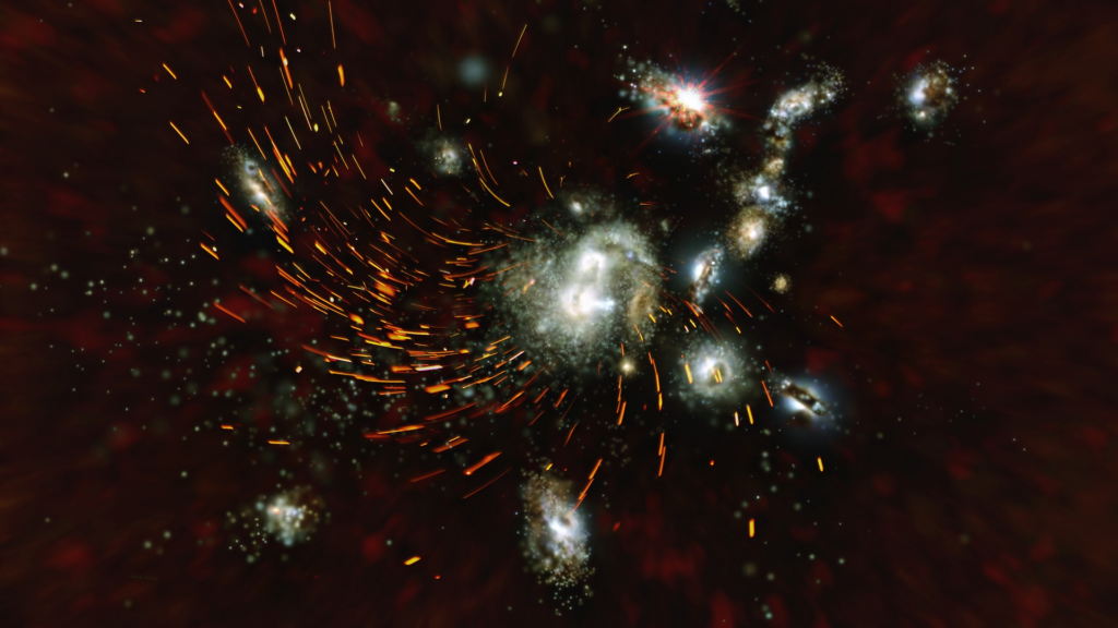 Clusters of young galaxies in the early Universe that later grow into large clusters are called protoclusters. This artist’s impression of the protocluster SPT2349-56 shows interacting galaxies of different shapes and sizes, and gas (orange) that is torn apart and heated by tidal forces. Due to its great distance from Earth, we see SPT2349-56 as it looked only 1.4 billion years after the Big Bang, when the Universe was 10% of its current age. [Image Credit: N.Sulzenauer, MPIfR]