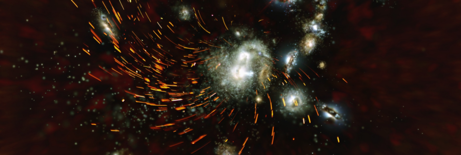 Clusters of young galaxies in the early Universe that later grow into large clusters are called protoclusters. This artist’s impression of the protocluster SPT2349-56 shows interacting galaxies of different shapes and sizes, and gas (orange) that is torn apart and heated by tidal forces. Due to its great distance from Earth, we see SPT2349-56 as it looked only 1.4 billion years after the Big Bang, when the Universe was 10% of its current age.] [Image Credit: N.Sulzenauer, MPIfR]