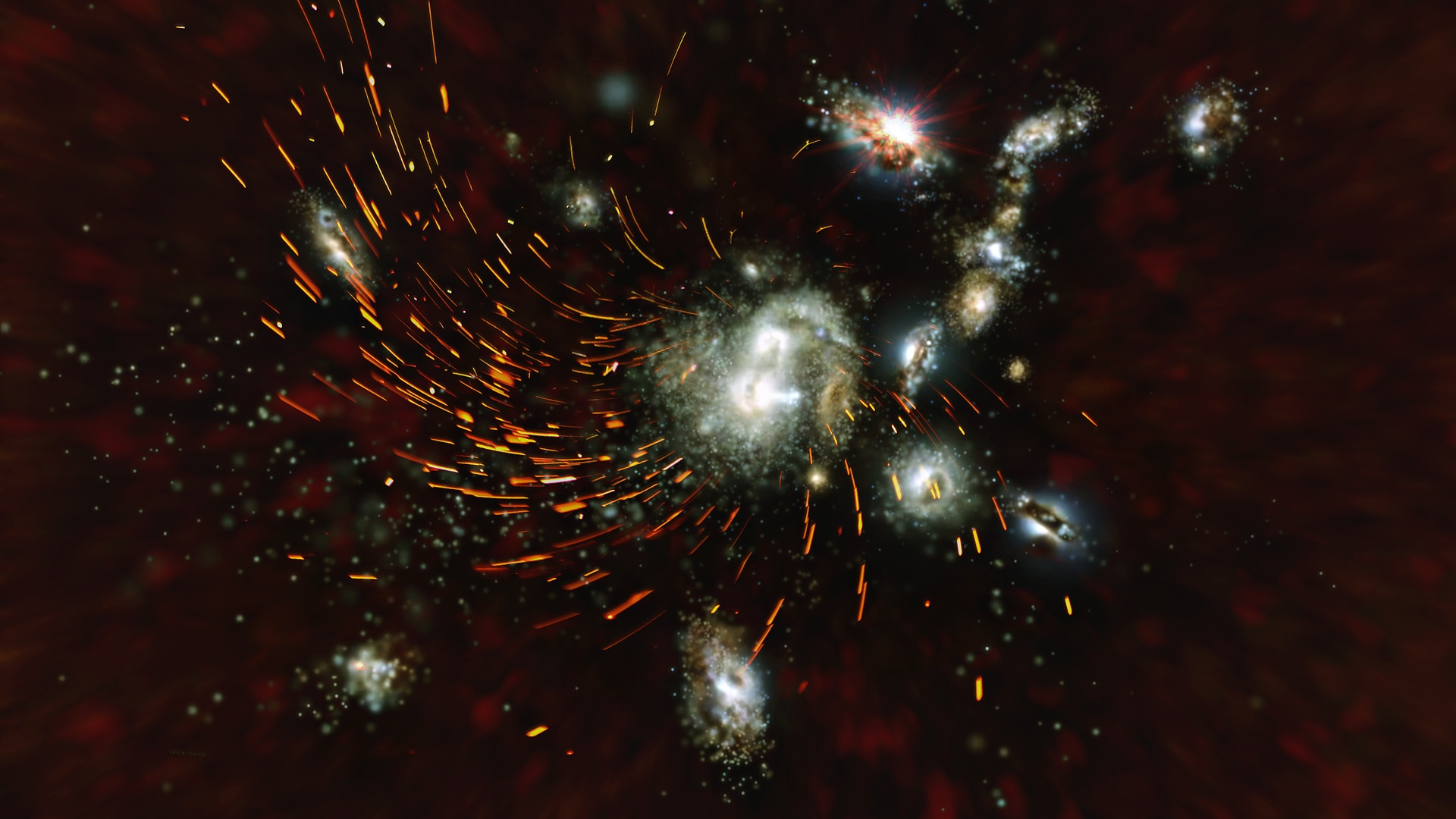 Clusters of young galaxies in the early Universe that later grow into large clusters are called protoclusters. This artist’s impression of the protocluster SPT2349-56 shows interacting galaxies of different shapes and sizes, and gas (orange) that is torn apart and heated by tidal forces. Due to its great distance from Earth, we see SPT2349-56 as it looked only 1.4 billion years after the Big Bang, when the Universe was 10% of its current age.] [Image Credit: N.Sulzenauer, MPIfR]