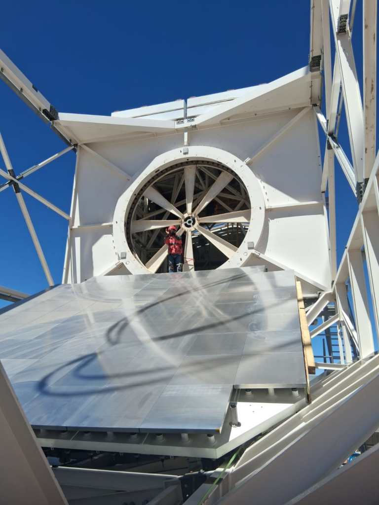 The Fred Young Submillimeter Telescope’s primary mirror was successfully emplaced.